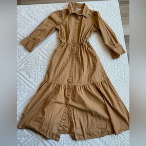 Tan Brown Cinched Waist Button Down Maxi Shirt Dress